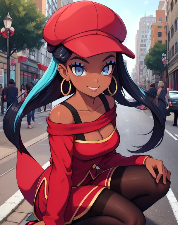 masterpiece, best quality, (Detailed face:1.2), (Detailed eyes:1.2), solo, 1girl, nessacasual, dark skin, makeup, smile, medium breasts, grey cabbie hat, red shirt, off shoulder, collarbone exposed, cleavage, red scarf, black short skirt, pantyhose, hoop earrings, black high-heels, hoop earrings, outdoors, city street
