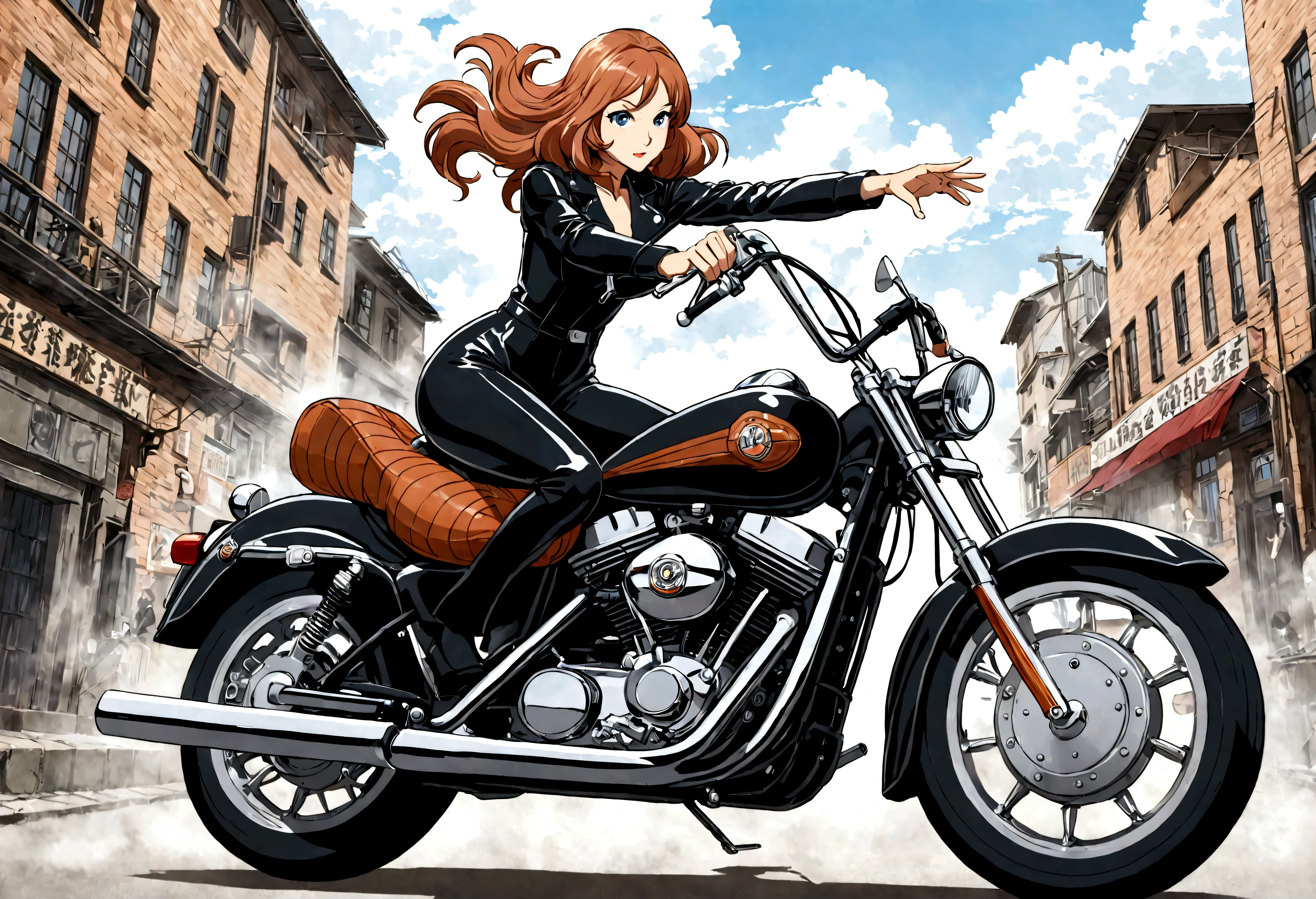 best quality, super fine, 16k, incredibly absurdres, extremely detailed, delicate and dynamic, Fujiko Mine, beautiful woman with perfect facial features, character from the anime Lupin III, riding a Harley Davidson, wind, wind effect, motion blur, wearing a fitted motorcycle leather jumpsuit, memorial art works