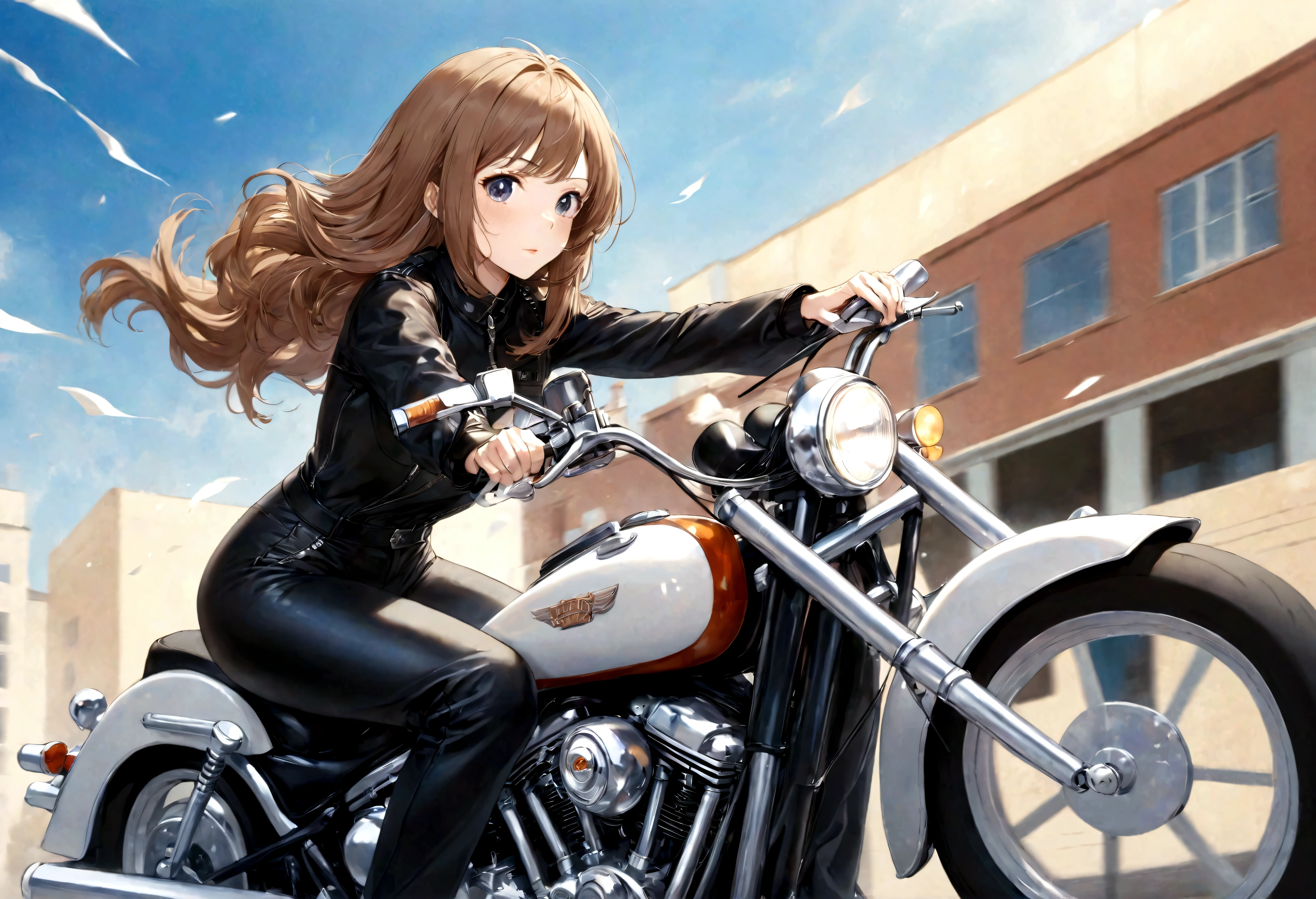 best quality, super fine, 16k, incredibly absurdres, extremely detailed, delicate and dynamic, Fujiko Mine, beautiful woman with perfect facial features, character from the anime Lupin III, riding a Harley Davidson, wind, wind effect, motion blur, wearing a fitted motorcycle leather jumpsuit, memorial art works