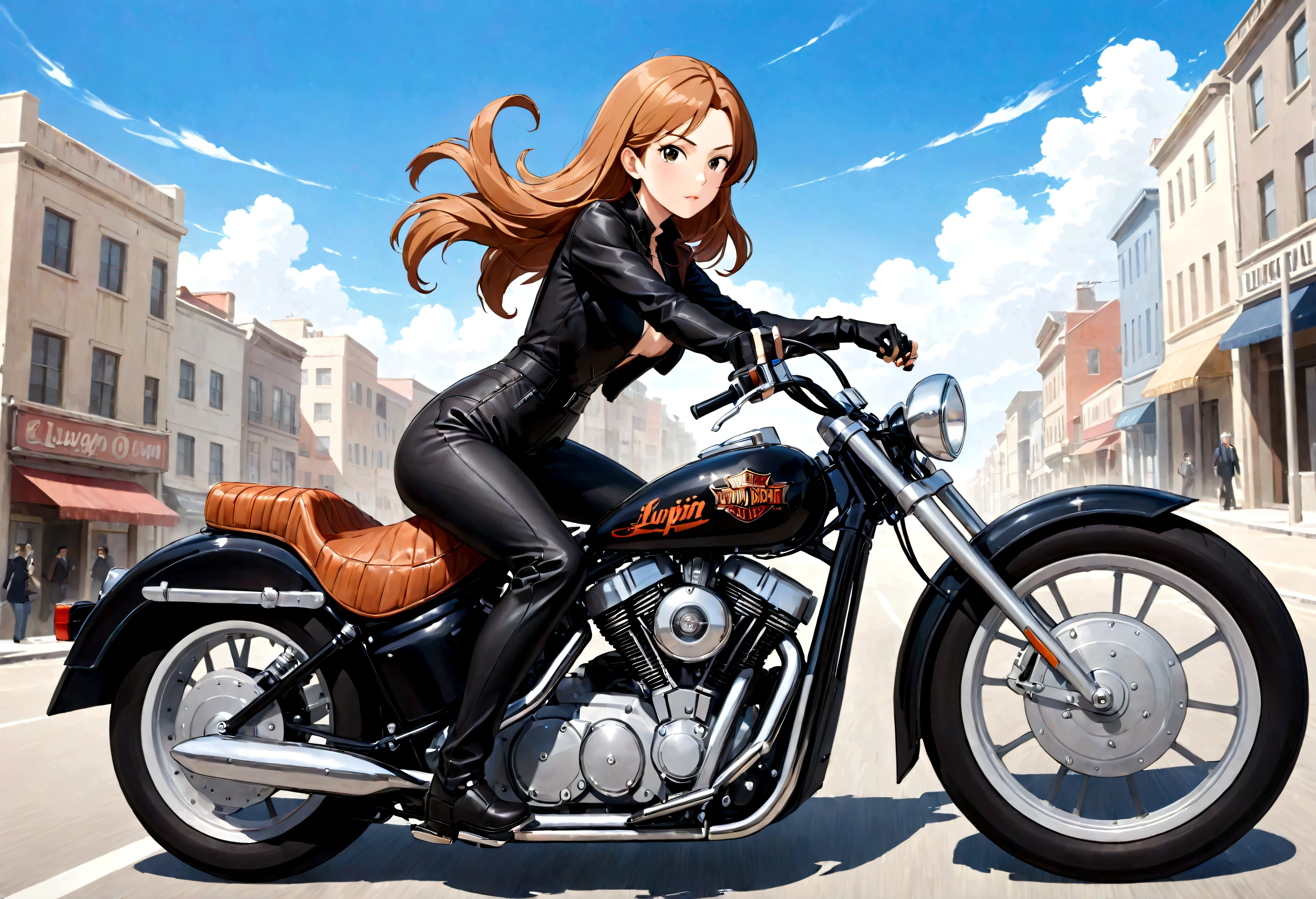 best quality, super fine, 16k, incredibly absurdres, extremely detailed, delicate and dynamic, Fujiko Mine, beautiful woman with perfect facial features, character from the anime Lupin III, riding a Harley Davidson, wind, wind effect, motion blur, wearing a fitted motorcycle leather jumpsuit, memorial art works