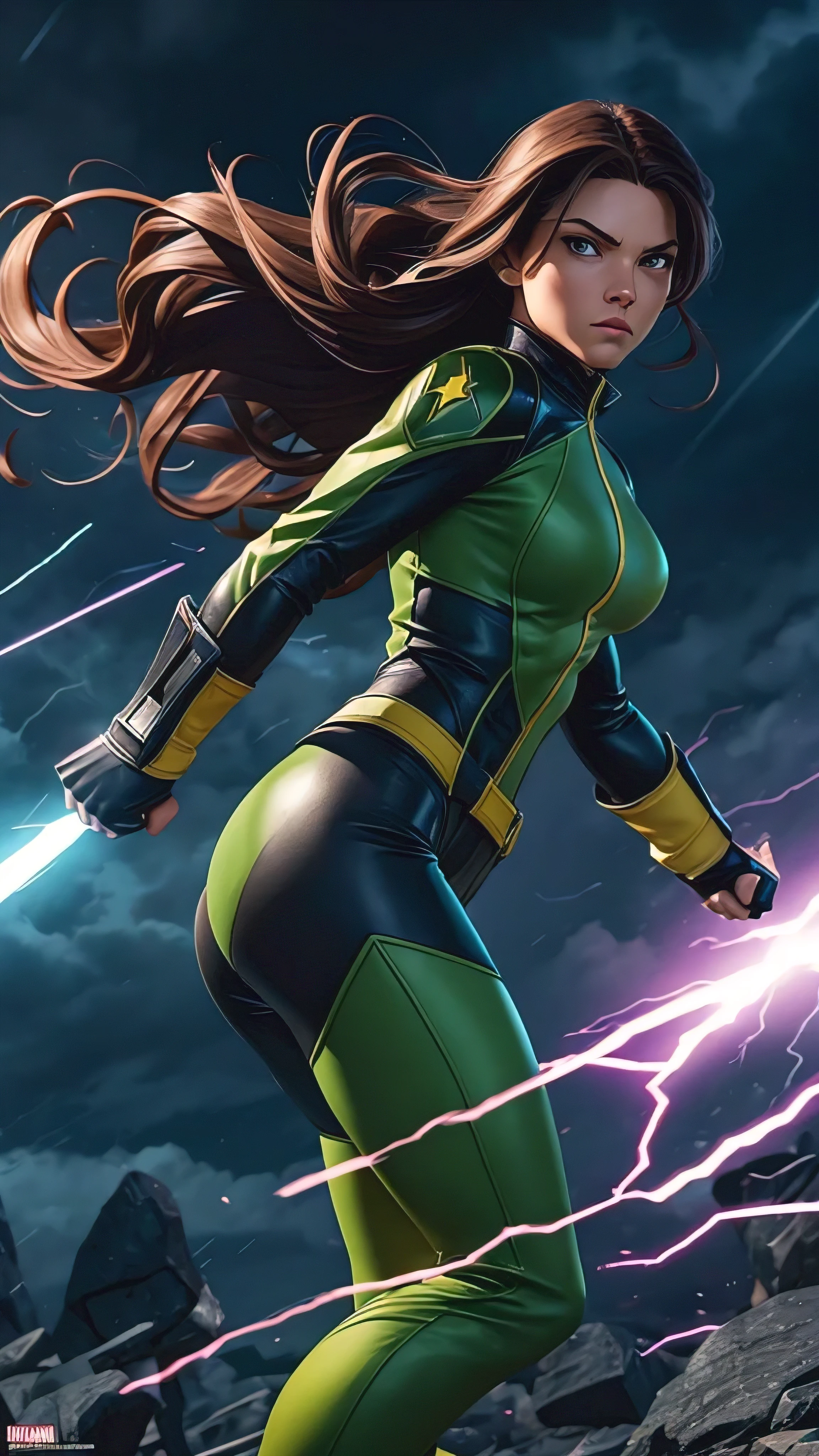 Character: Rogue from X-Men. Pose: Depicted in mid-flight, in a dynamic and heroic stance, as if delivering a punch into the air. Her right fist is extended forward, poised for impact, while her left arm is drawn back, ready for the next move. Expression: Her face displays determination and focus, with eyes locked on the target and a firm jawline, showcasing her strength and confidence. Costume: Rogue wears her classic X-Men attire, featuring a light green bodysuit with yellow accents, devoid of any exposed skin. She also sports her brown leather jacket over the suit. Environment: The setting is nocturnal and mysterious, with dark clouds in the background and lightning bolts streaking across the sky. Lighting enhances the details of the costume, casting dynamic shadows. Style: Illustrated in the unique style of Andreas Marshall, infusing the artwork with his distinctive visual sensibility and technique.