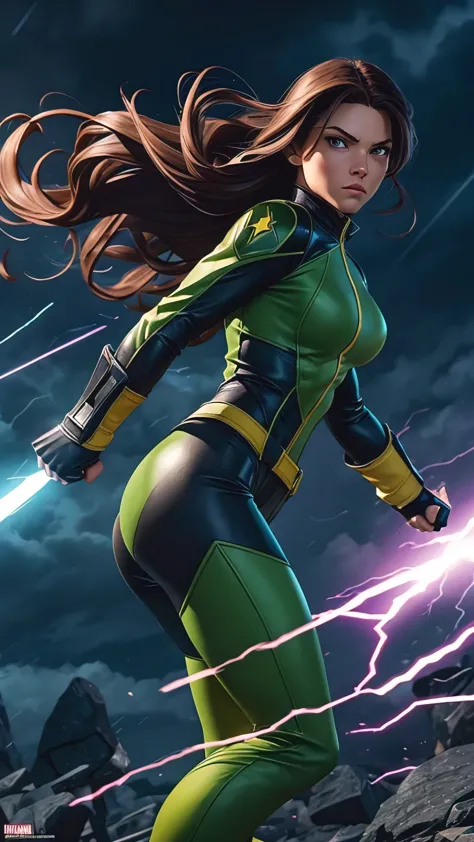 Character: Rogue from X-Men. Pose: Depicted in mid-flight, in a dynamic and heroic stance, as if delivering a punch into the air...