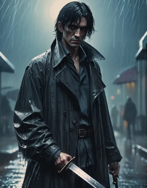 a black-haired man with a scarred face, a long coat, standing in the rain, holding a dripping wet sword, dramatic lighting, cine...