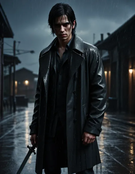 a black haired man, scarred face, wearing a coat, standing in the rain, dripping sword, dramatic, cinematic, moody lighting, sto...