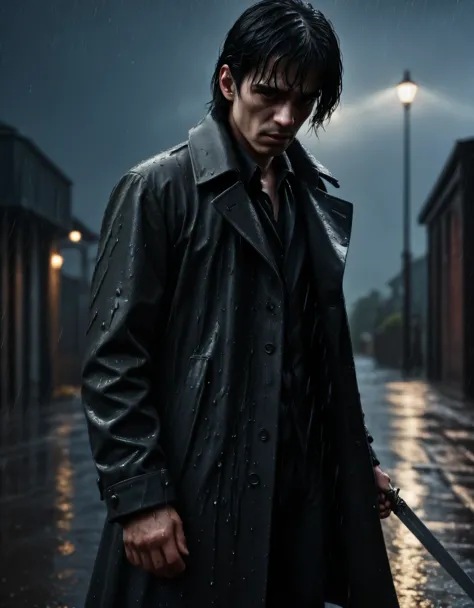 A black haired man, scarred face, wearing a coat, standing in the rain, dripping sword, dramatic, cinematic, moody lighting, sto...