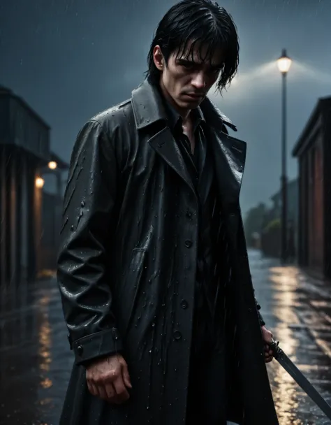 a black haired man, scarred face, wearing a coat, standing in the rain, dripping sword, dramatic, cinematic, moody lighting, sto...