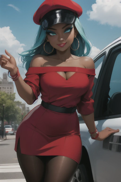 masterpiece, best quality, (Detailed face:1.2), (Detailed eyes:1.2), solo, 1girl, nessacasual, aqua eyes, dark skin, makeup, smile, medium breasts, grey cabbie hat, red shirt, off shoulder, collarbone exposed, cleavage, red scarf, black short skirt, pantyhose, hoop earrings, black high-heels, hoop earrings, outdoors, city street
