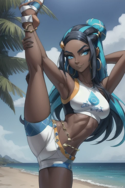 masterpiece, best quality, highly detailed, (Detailed face:1.2), (Detailed eyes:1.2), 1girl, solo, (nessa_pokemon:1.3), dark-skinned female, dark skin, blue eyes, aqua eyes, long hair, black hair, blue hair, aqua hair, multicolored hair, two-tone hair, hair bun, single hair bun, eyeshadow, slim feminine figure, arrogant smile, shorts, crop top, tankini, belly chain, single glove, midriff, sandals, , Hand lifting one leg, Detailed legs, flexible, (Standing on one leg:1.2), (standing split:1.3), Hand lifting one leg, stretching, posing, cowboy shot, cinematic composition, (Background: outdoors, day time, beach town, view of the ocean)
