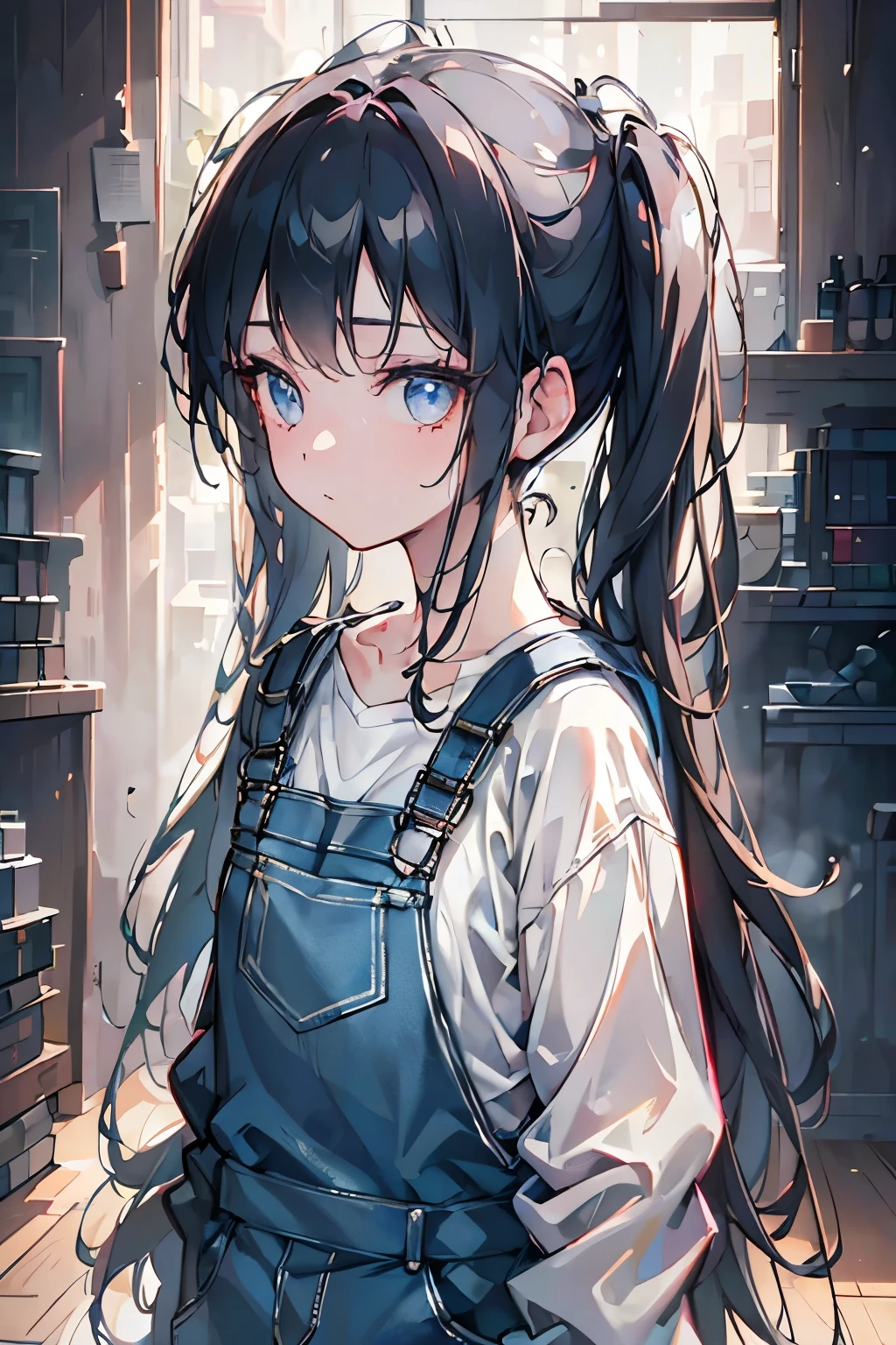 A woman in overalls and a lab coat, with long twin tails, (best quality,4k,8k,highres,masterpiece:1.2),ultra-detailed,(realistic,photorealistic,photo-realistic:1.37),detailed facial features, beautiful detailed eyes, sexy, extremely detailed eyes and face, long eyelashes, science laboratory, advanced technology, futuristic, intricate details, cinematic lighting, warm color palette, dramatic shadows