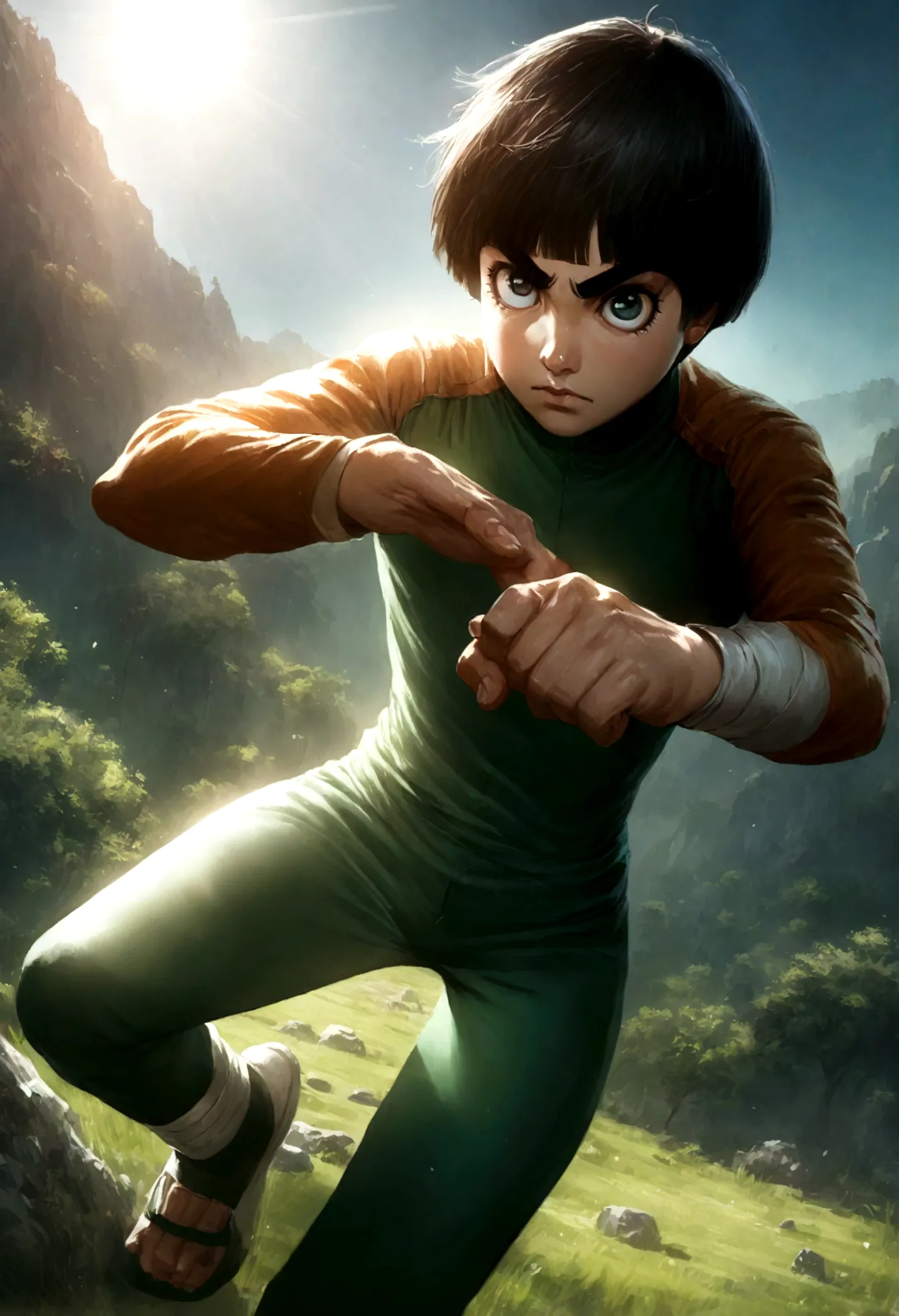 hyper realistic art rock lee, 1boy skinny, fighter pose, outside in the sun and nature . extremely high-resolution details, phot...