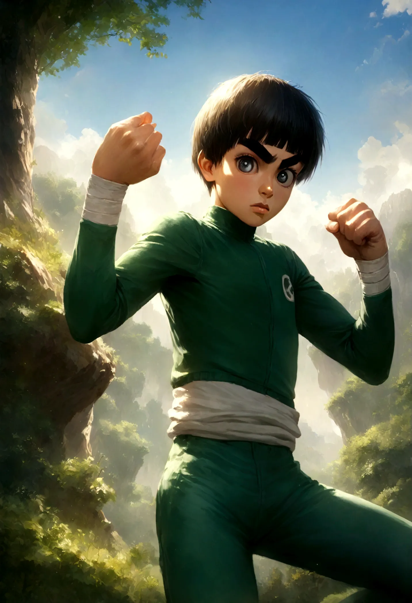 hyper realistic art rock lee, 1boy skinny, fighter pose, outside in the sun and nature . extremely high-resolution details, phot...