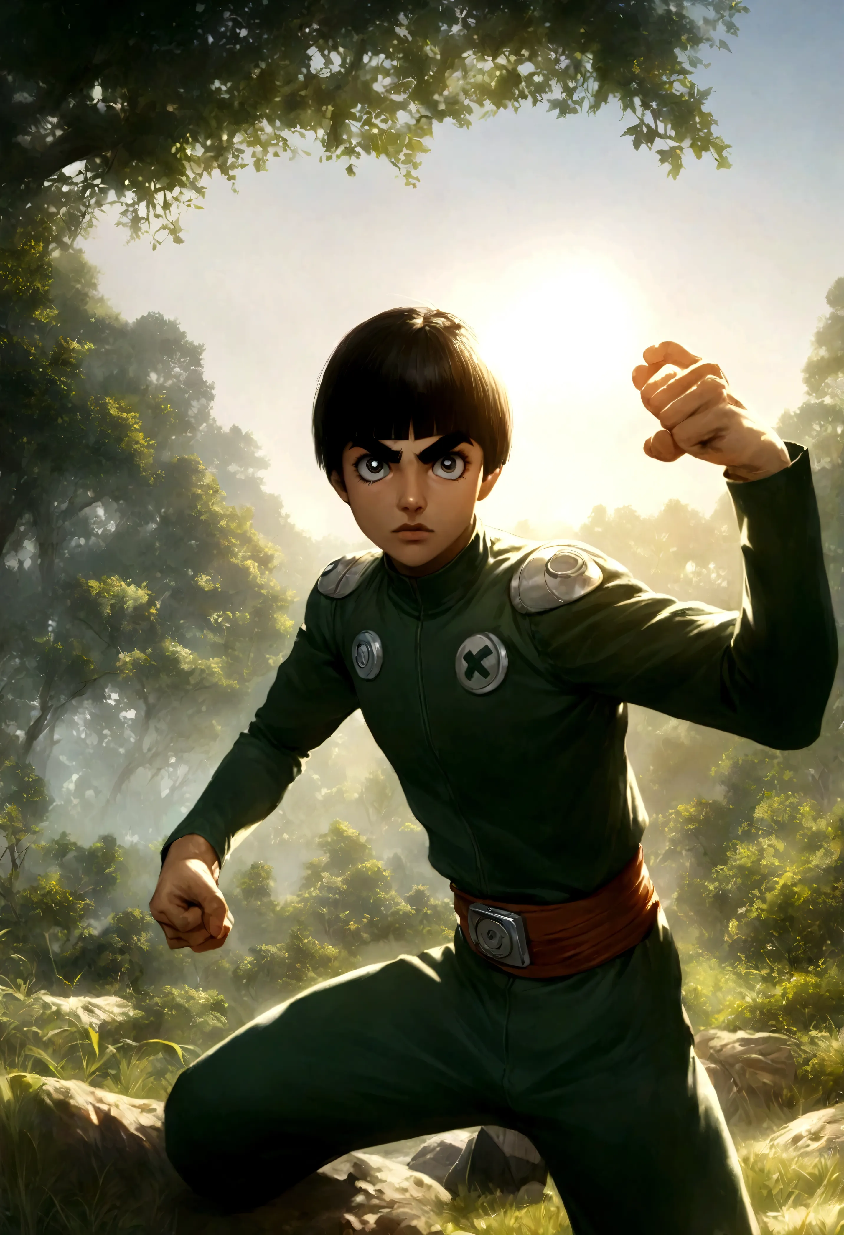 hyper realistic art rock lee, power up white eyes, 1boy skinny, fighter pose, outside in the sun and nature . extremely high-res...