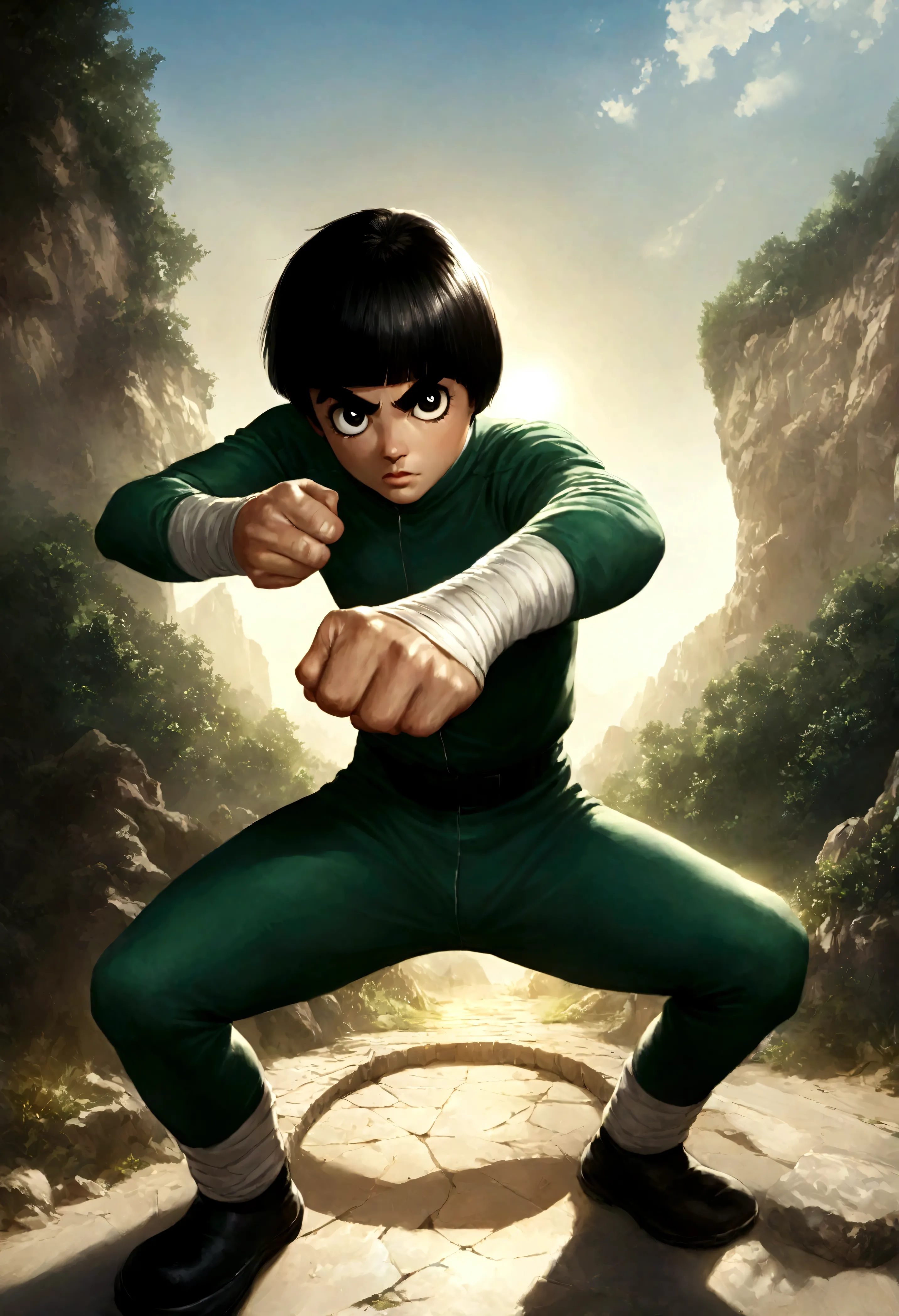 hyper realistic art rock lee, unlocking 7th gate, 1boy skinny, fighter pose, outside in the sun and nature . extremely high-reso...