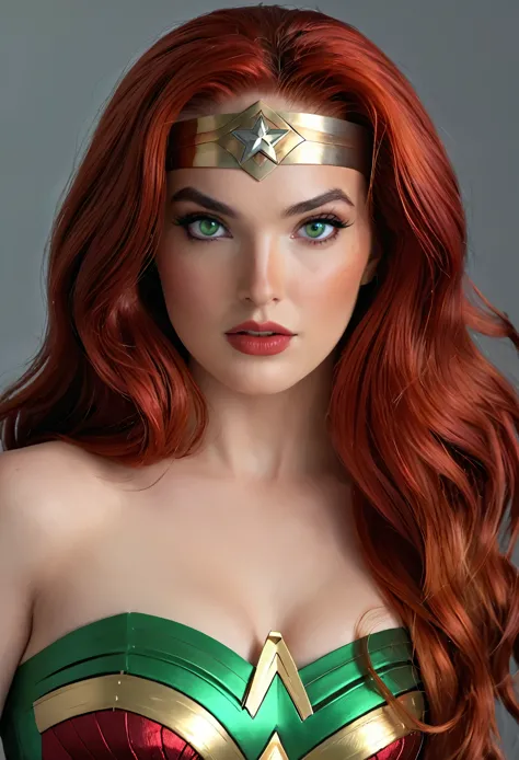 a beautiful sexy red hair, green-eyed classic 70s wonder woman (detailed realistic,4k,highres,masterpiece:1.2), (straight hair)