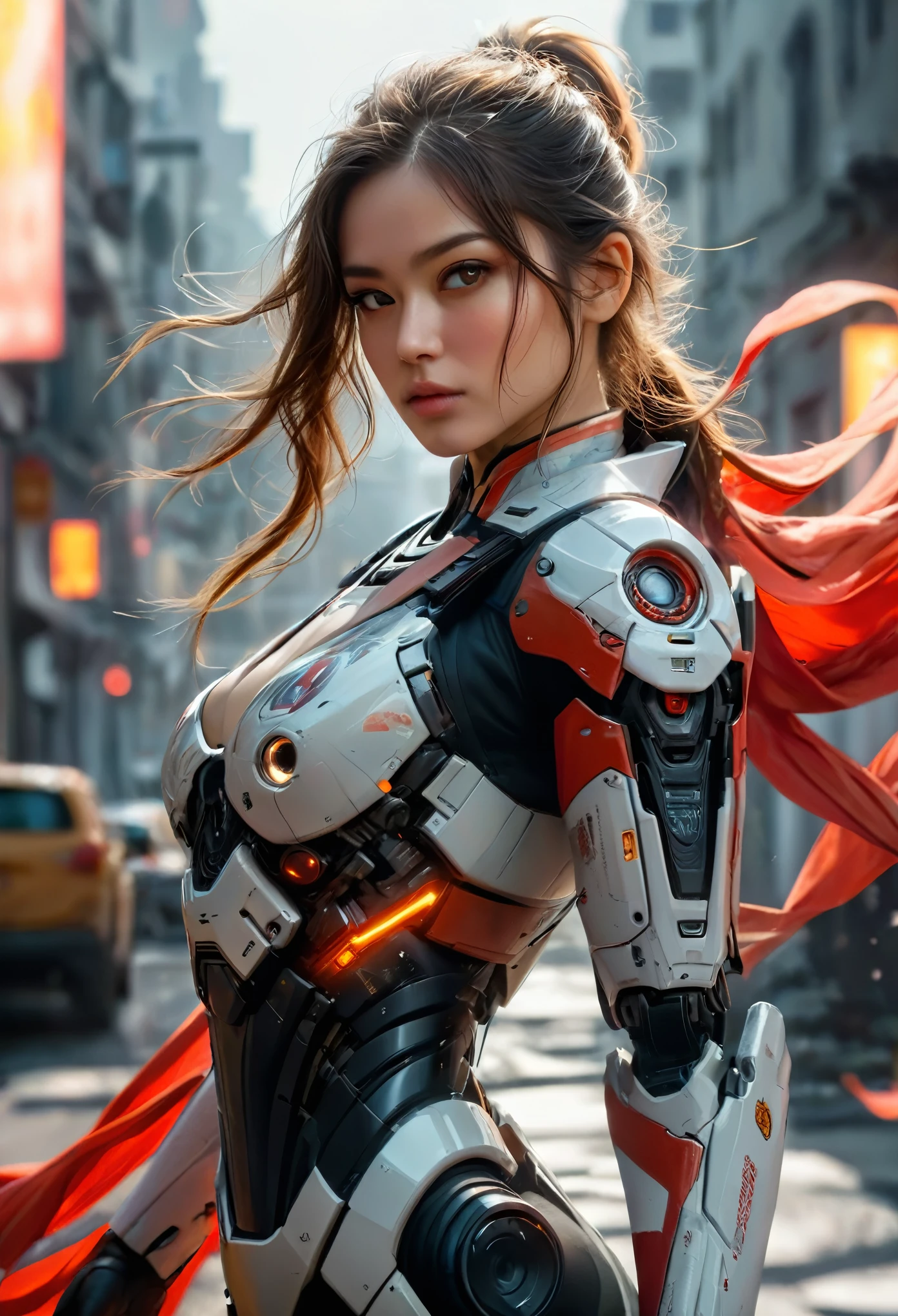 (best quality,4k,8k,highres,masterpiece:1.2),ultra-detailed,(Ultra-realistic, photorealistic,photo-realistic:1.37), a deadly ninja woman in a powerful mech suit, heavy AWP rifle on her back, digital SLR camera, light tracing, 3d, concept art, action painting, cinematic lighting, chiaroscuro, (1.3) emphasizing the curves of her body, long graceful white ponytail, (0.5) hints of violence and horror, a long red scarf flowing in the wind, a war-torn city in the background, 8k resolution, beautiful face, high nose, (iridescent eyes:1.4), Matte Black, Metallic red