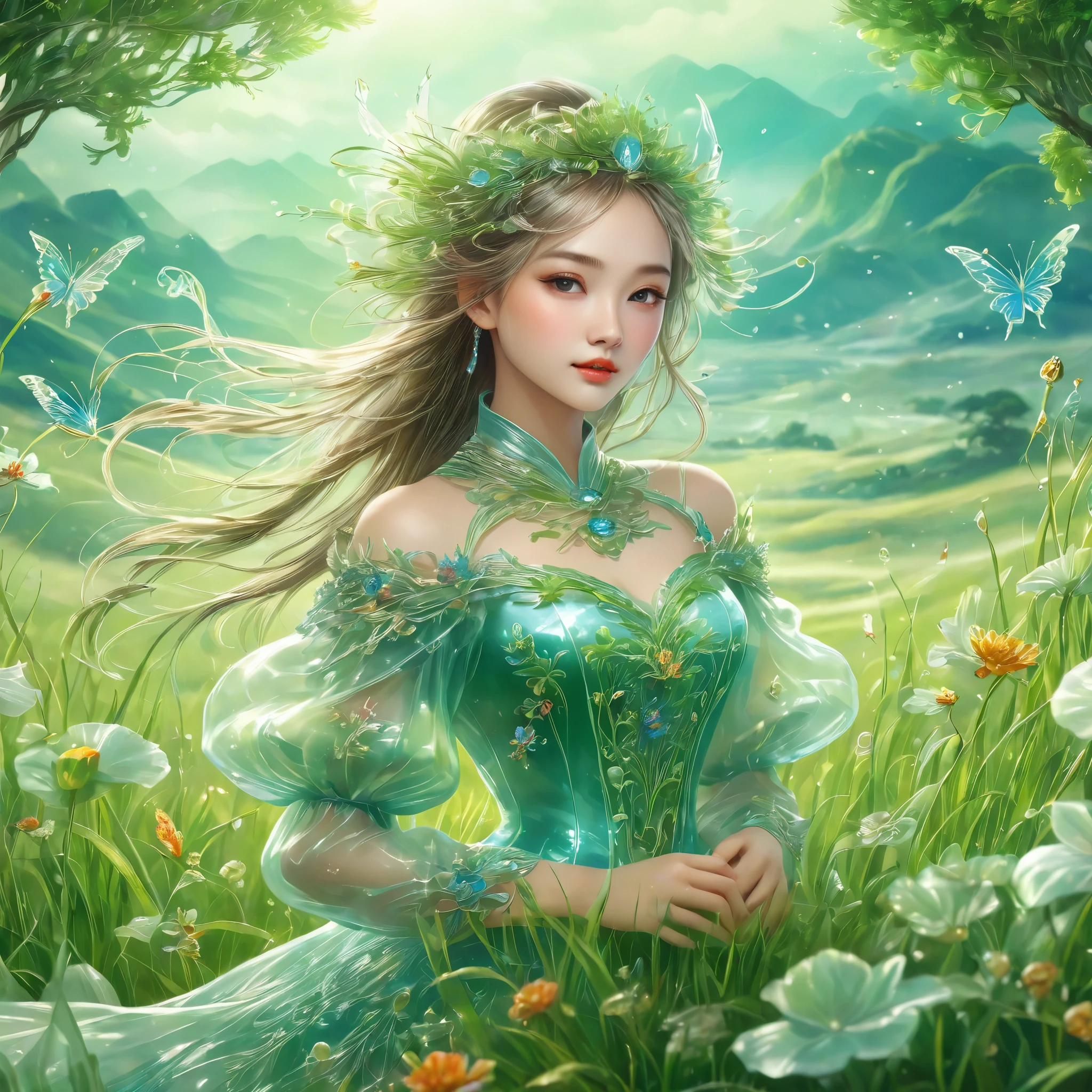 best quality, very good, 16K, ridiculous, Very detailed, Gorgeous transparent girl, Background grassland（（A masterpiece full of fantasy elements）））， （（best quality））， （（Intricate details））（8K）