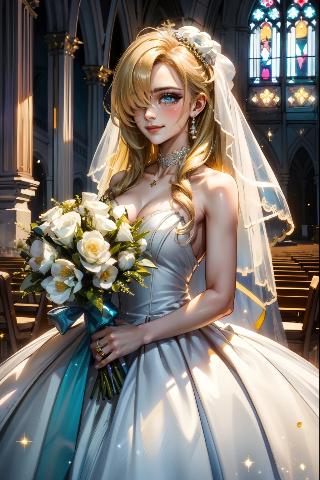 (masterpiece, best quality:1.2), solo, 1girl, hair over one eye, blue eyes, smile, tears, Make up, glitterw3d, dress, white dress, wedding dress, glittery, Wedding, Church interior, bouquet of white flowers, wedding ring, Close up,