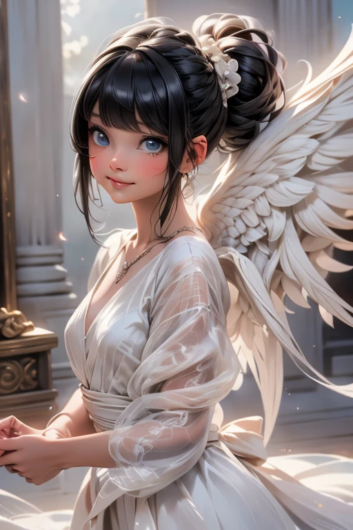 // Pose
((Close_up)),
// Style
beautiful detailed skin, (cute:1.2), (black hair), (angel wings), (depth of field), soft light, Lens Glow,
// Features
smiling, floating hair,
// Character
movie scene, cinematic, full colors, 4k, 8k, 16k, RAW photo, masterpiece, professionally color graded, professional photography,
a (1angel), hair up, soft clean focus, realistic lighting and shading, (an extremely delicate and beautiful art)1.3, elegant,active angle,dynamism pose,
// Fashion
(dark blue hair), white dress, ancient greek dress, sylver necklace, sylver earrings, sparkling eyes, intrincated hairstyle, soft (blue eyeshadows),
// Quality
RAW photo, portrait, best quality, high res,
// Background
Greek palace (at night), 