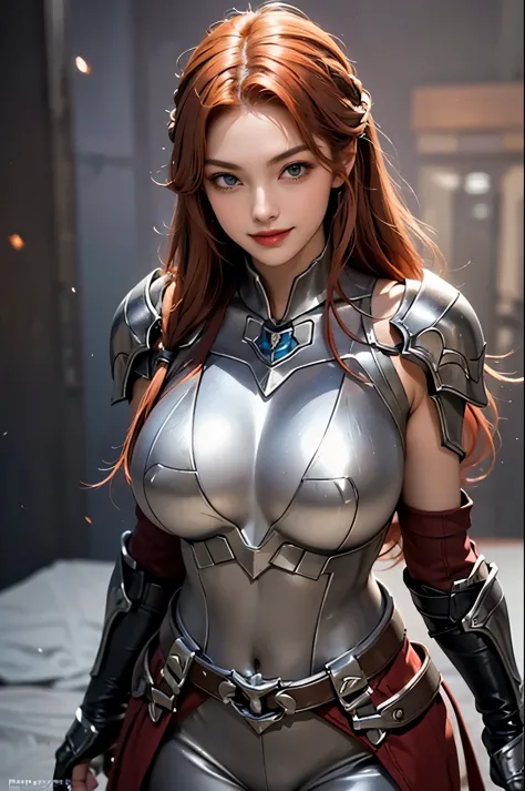 20 year old woman,soft lighting, posing,perfect face,smiling,perfect figure, red hair,random hairstyle,fancy silver armor,narrow...