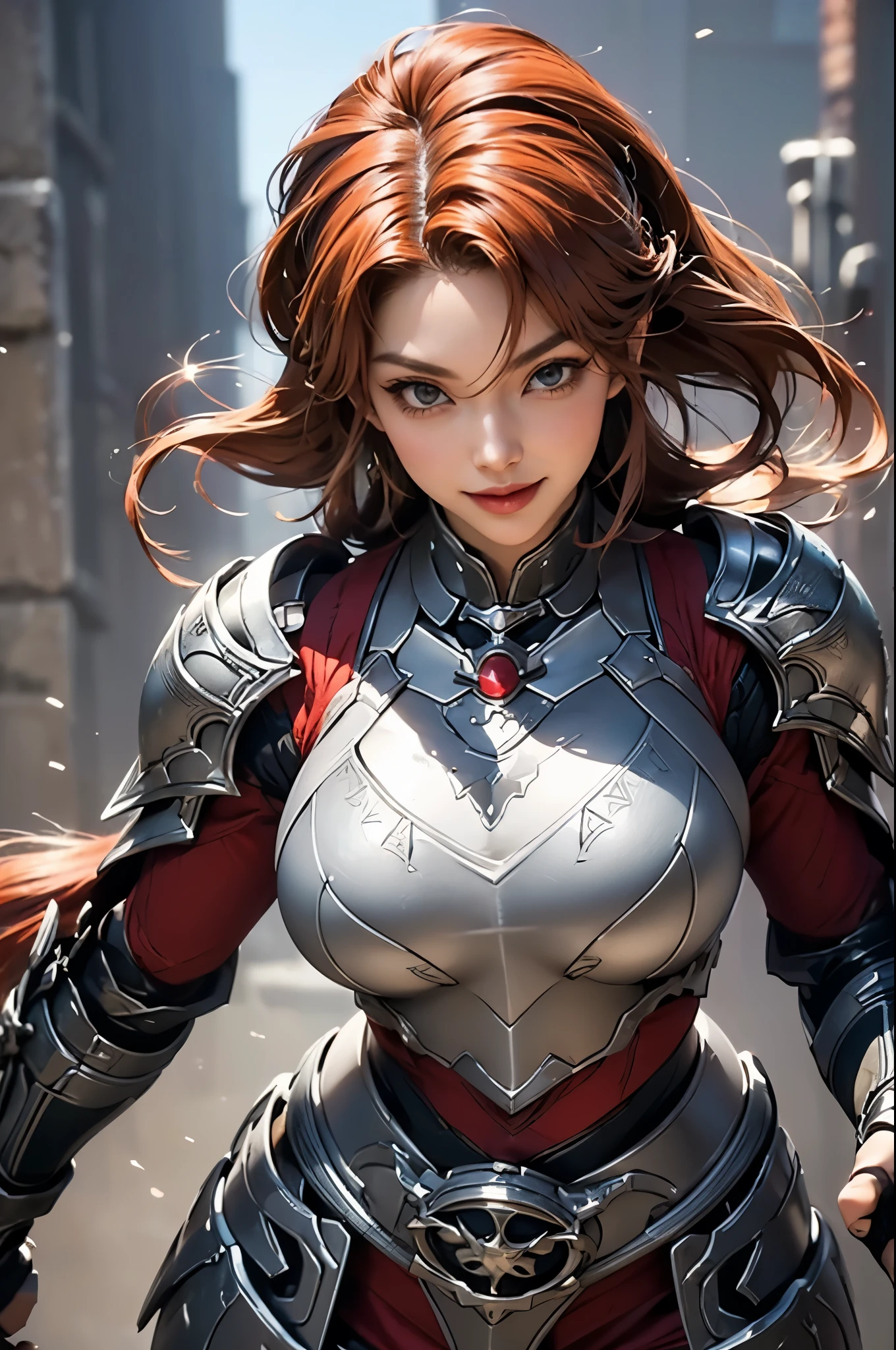 20 year old woman,soft lighting, posing,perfect face,smiling,perfect figure, red hair,random hairstyle,fancy silver armor,narrow shoulders,huge breasts, wide hips