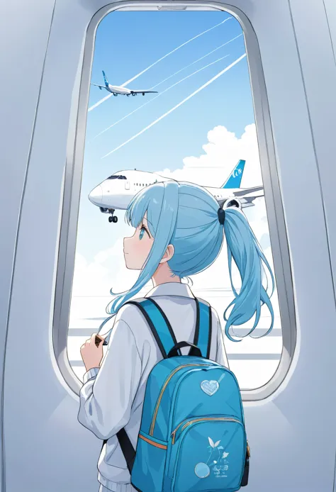 girl with backpack at airport，light blue long hair、twin tails 、my backpack is full of happy spring，gazing at the large passenger...