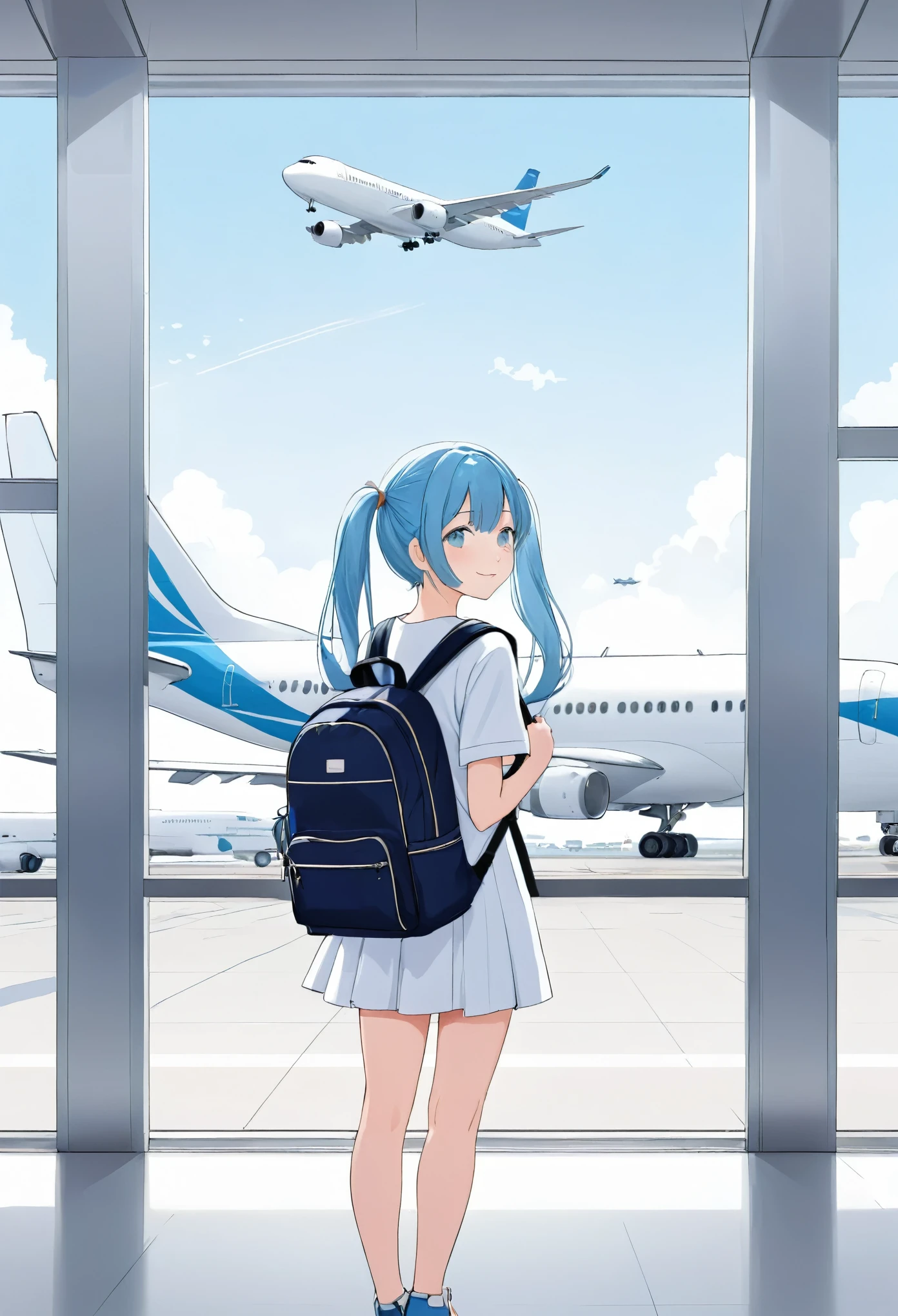 Girl with backpack at airport，Light blue long hair、Twin tails 、My backpack is full of happy spring，Gazing at the large passenger aircraft、Simple lines，Minimalism，Abstraction，Lots of white space、