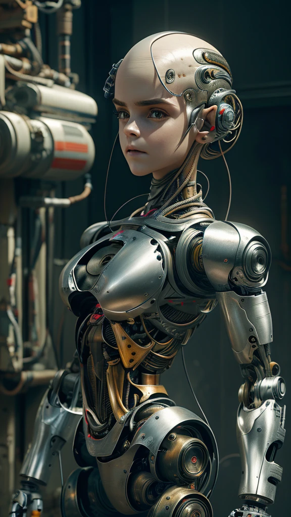 A bald cyborg Emma Watson, with loose wires, metallic skin, hoses, exposed torso, androidperson, mark brooks, david mann, robot brain, made of steel, hyperrealism, post-apocalyptic, mechanical parts, joints, mecha, j_sci-fi, cybernetic