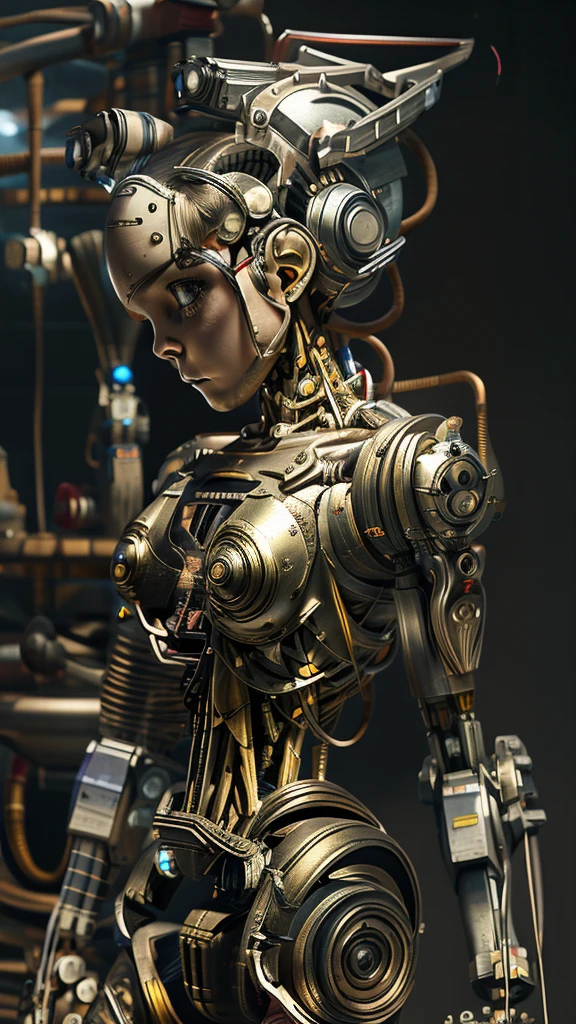 A bald cyborg Emma Watson, (looking towards viewer), with loose wires, metallic skin, hoses, exposed torso, androidperson, mark brooks, david mann, robot brain, made of steel, hyperrealism, post-apocalyptic, mechanical parts, joints, mecha, j_sci-fi, cybernetic