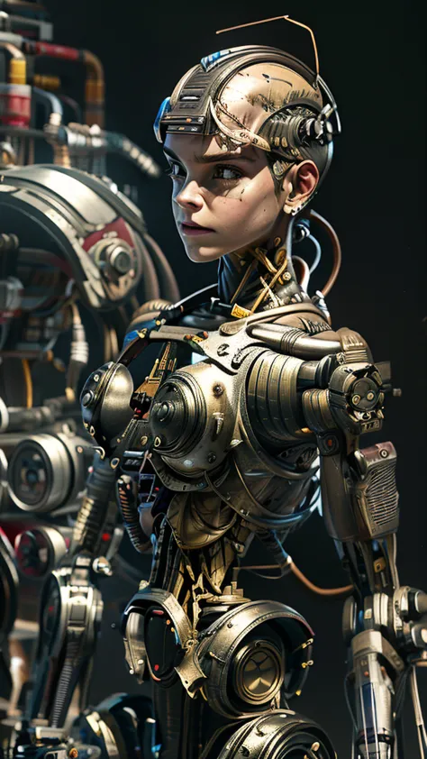 A bald cyborg Emma Watson, (looking towards viewer), with loose wires, metallic skin, hoses, exposed torso, androidperson, mark ...