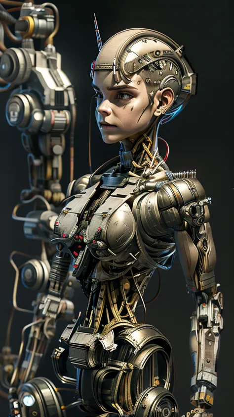 a bald cyborg emma watson, (looking towards viewer), with loose wires, metallic skin, hoses, exposed torso, androidperson, mark ...