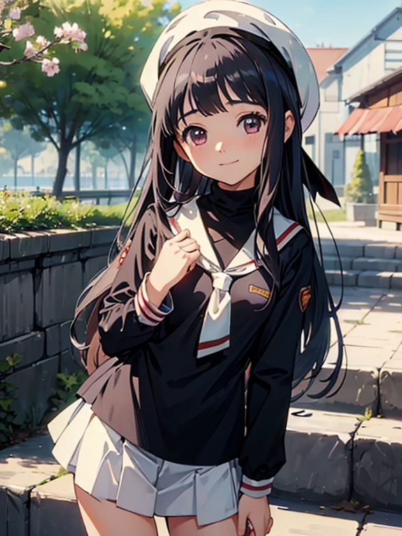 (((masterpiece))) ( Background : outdoor theme : bright : crowded cuty ) ( character : Tomoyo : long smooth hair : fit body : lolicon : small breast : innocent smile : wearing  )white beret