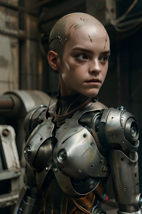 A bald cyborg Emma Watson, with loose wires, metallic skin, hoses, exposed torso, androidperson, mark brooks, david mann, robot ...