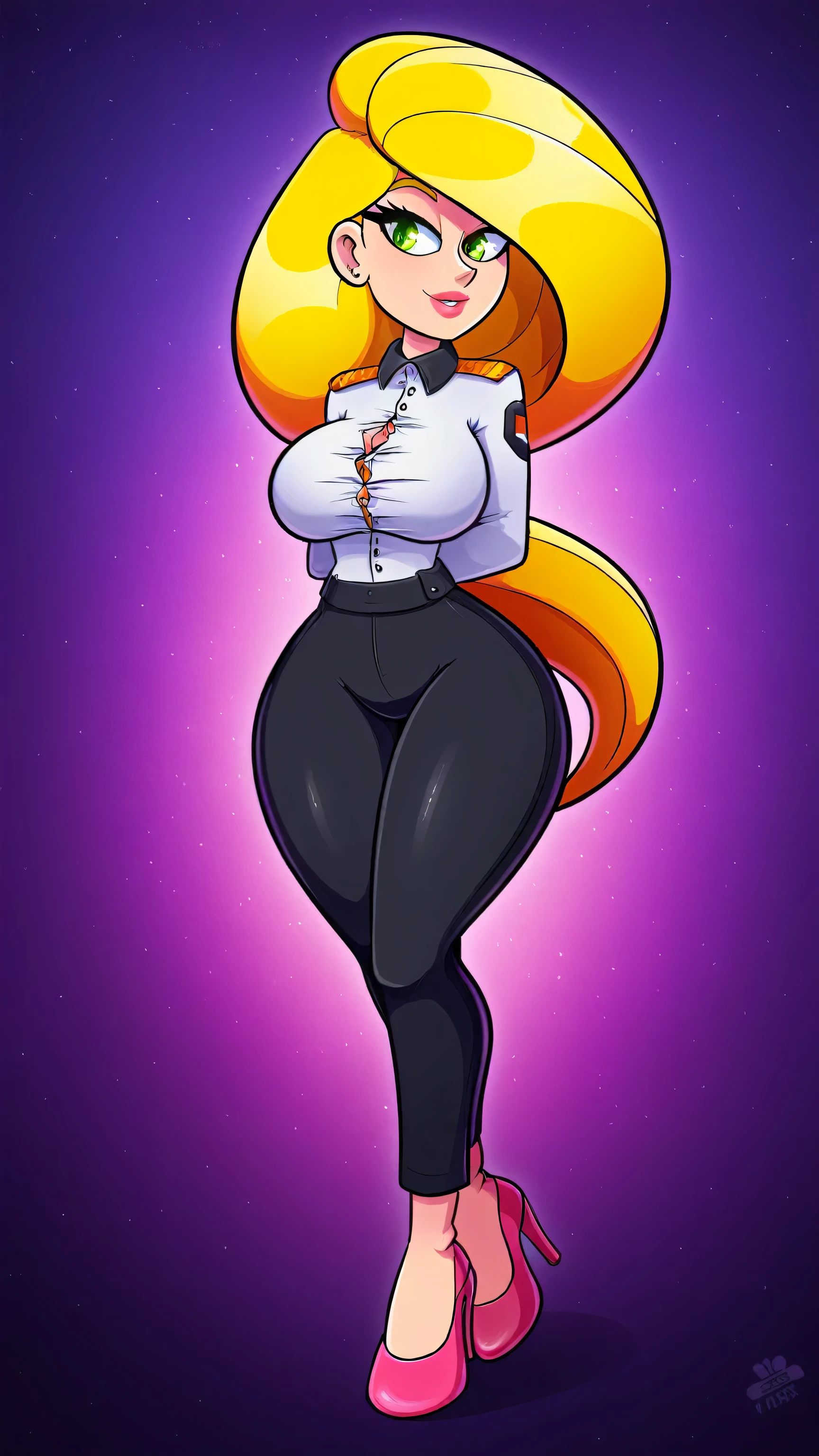 A cartoon girl with blonde hair and black pants and a white shirt - SeaArt  AI