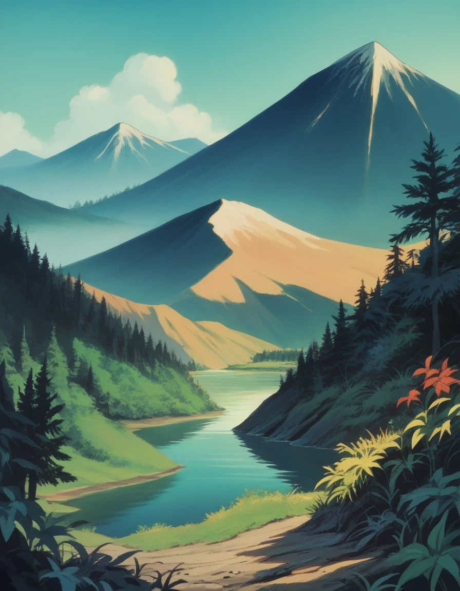 score_9, score_8_up, score_7_up, score_6_up, score_5_up, score_4_up, source_anime, BREAK, landscape, mountains, forest, cave, lake, retro artstyle,   