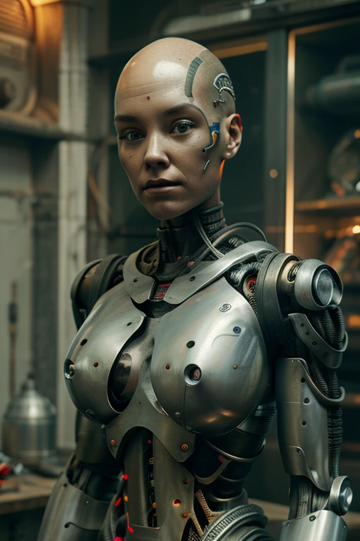 Une jeune femme cyborg chauve, avec des fils lâches, tuyaux, Torse exposé, personne androïde, Marc Brooks, David homme, cerveau de robot, Fait d&#39;acier, Hyperréalisme, post-apocalyptique, Parties mécaniques, J.oints, mecha, J._science-fiction