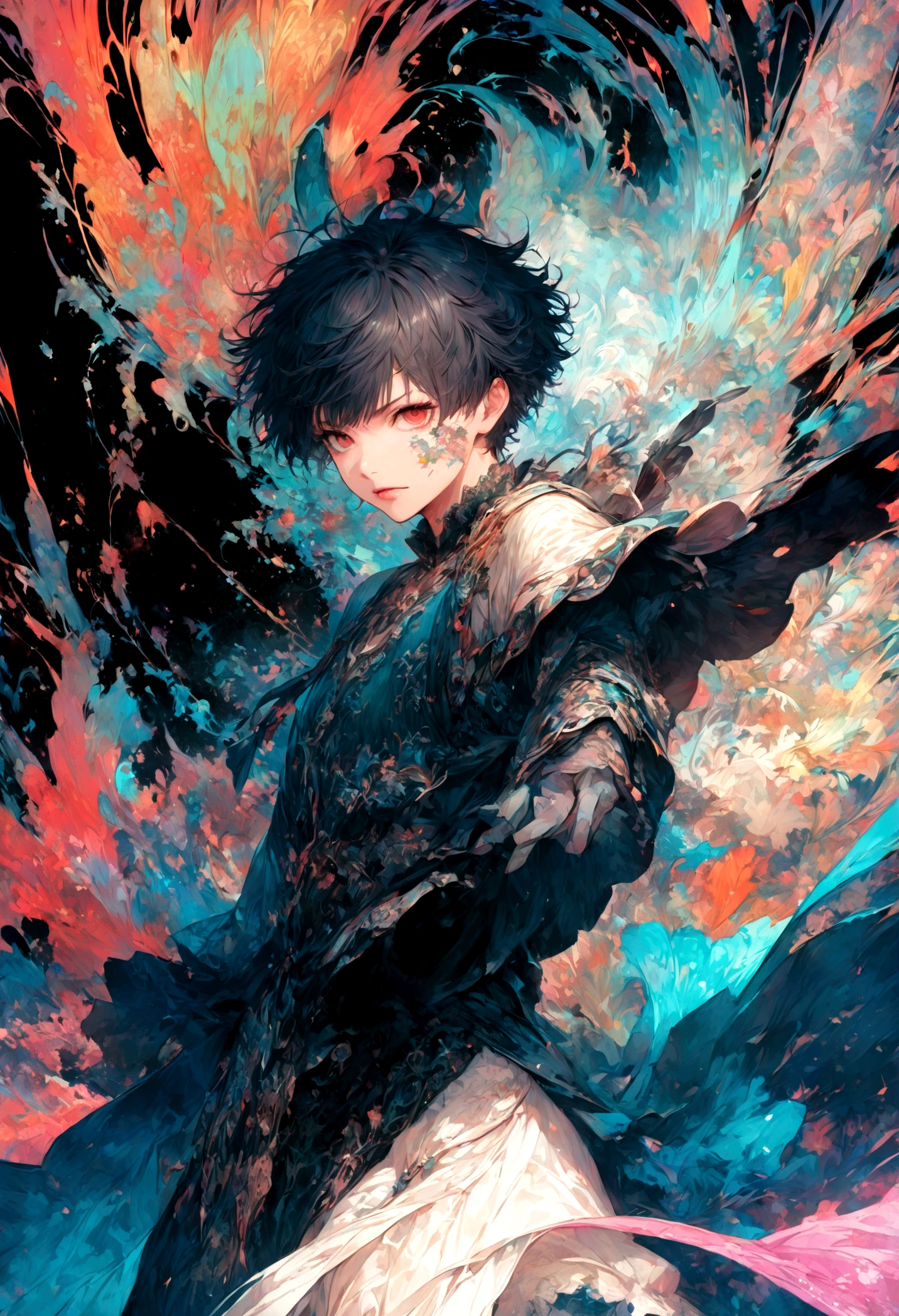 1 male,Kaneki,Tokyo Ghoul,,Sui Ishida's painting style,Intricate details,Use black and white as your main colors,Decadent,artwork,rendering,Dynamic Pose,(masterpiece:1.3),(highest quality:1.4),(ultra detailed:1.5),High resolution,extremely detailed,unity 8k wallpaper,Dark fantasy,Brush strokes,Glare,Battle Style,Crazy smile