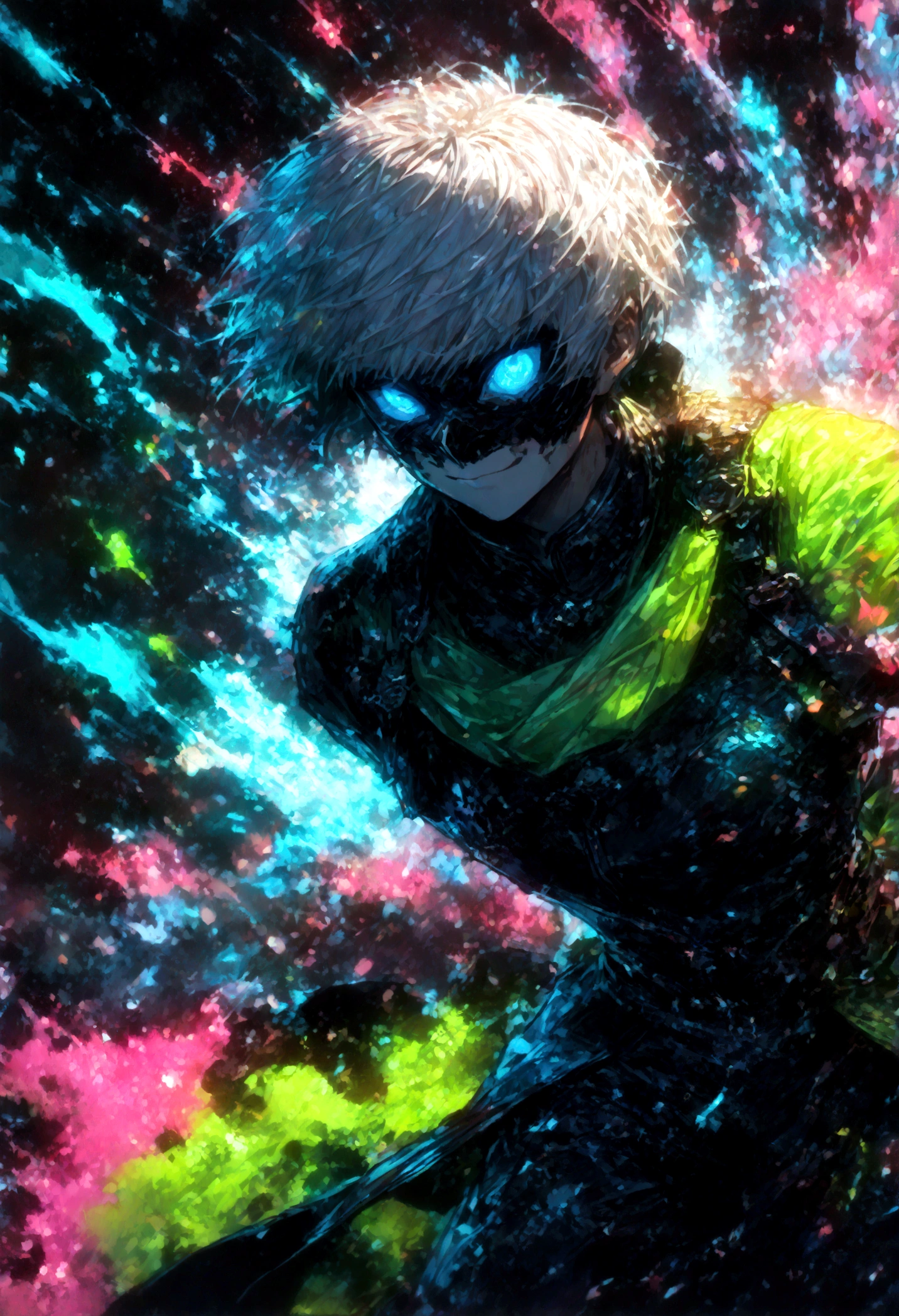 1 male,Kaneki,Tokyo Ghoul,,Sui Ishida's painting style,Intricate details,Use black and white as your main colors,Decadent,artwork,rendering,Dynamic Pose,(masterpiece:1.3),(highest quality:1.4),(ultra detailed:1.5),High resolution,extremely detailed,unity 8k wallpaper,Dark fantasy,Brush strokes,Glare,Battle Style,Crazy smile