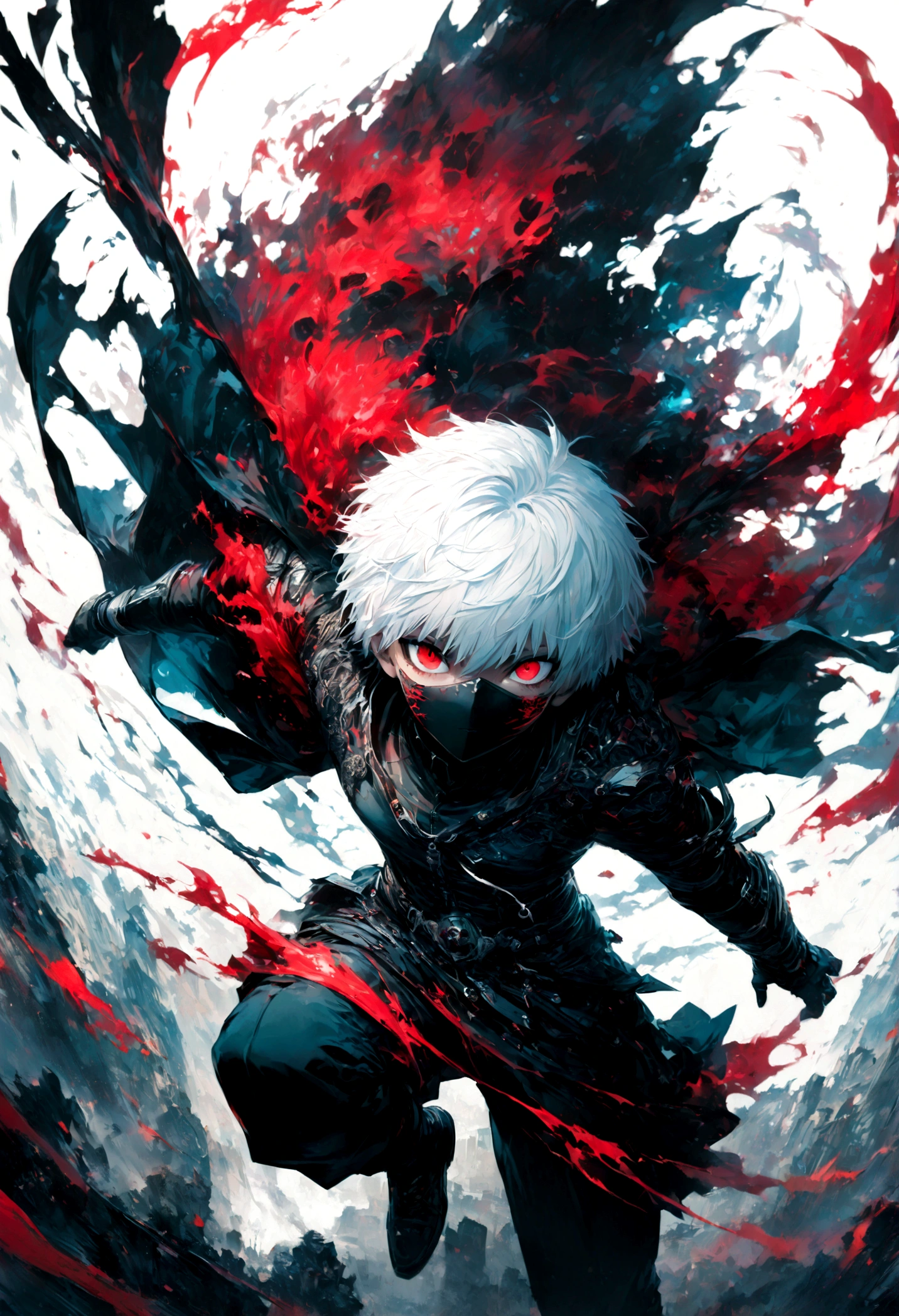 1 male,Kaneki,Tokyo Ghoul,,Sui Ishida's painting style,Intricate details,Use black and white as your main colors,Decadent,artwork,rendering,Dynamic Pose,(masterpiece:1.3),(highest quality:1.4),(ultra detailed:1.5),High resolution,extremely detailed,unity 8k wallpaper,Dark fantasy,Brush strokes,Glare,Battle Style,Crazy smile