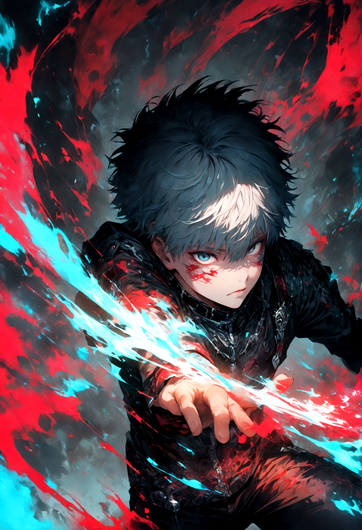 1 male,Kaneki,Tokyo Ghoul,,Sui Ishida's painting style,Intricate details,Use black and white as your main colors,Decadent,artwork,rendering,Dynamic Pose,(masterpiece:1.3),(highest quality:1.4),(ultra detailed:1.5),High resolution,extremely detailed,unity 8k wallpaper,Dark fantasy,Brush strokes,Glare,Battle Style,Crazy smile