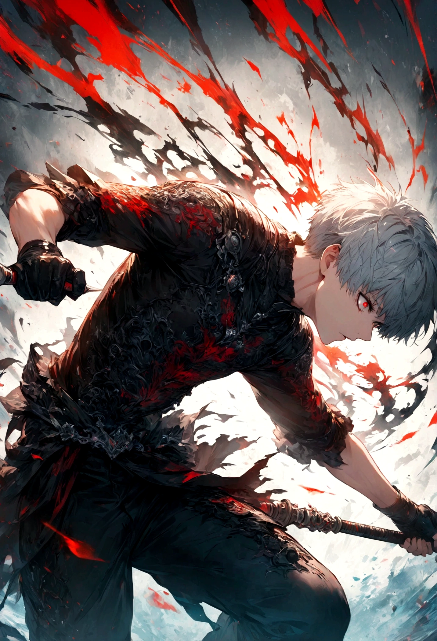 1 male,Kaneki,Tokyo Ghoul,,Sui Ishida's painting style,Intricate details,Use black and white as your main colors,Decadent,artwork,rendering,Dynamic Pose,(masterpiece:1.3),(highest quality:1.4),(ultra detailed:1.5),High resolution,extremely detailed,unity 8k wallpaper,Dark fantasy,Brush strokes,Glare,Battle Style,Crazy smile