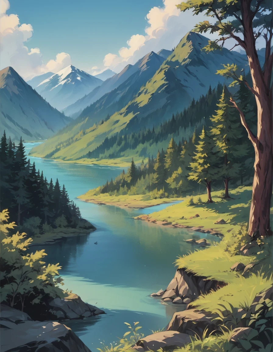 score_9, score_8_up, score_7_up, score_6_up, score_5_up, score_4_up, source_anime, BREAK, landscape, forest, river, mountainous horizon, oldschool, 