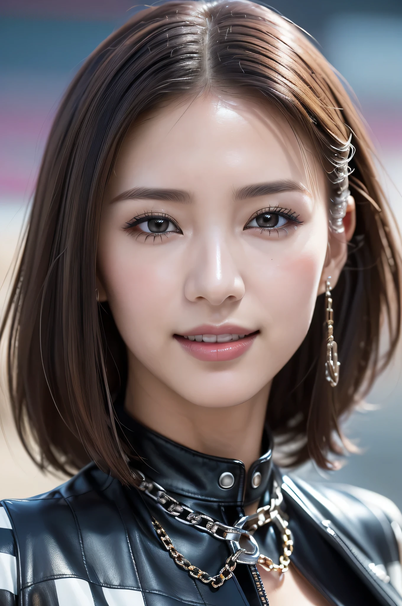 photorealistic Realism 16K Quality, (super quality details in realistic texture: skin, hair), ((Ultra high-res Realistic eyes, clear sharp, not blurry, absurd quality details:1.25)), (([eyes|eyeshadows]:[brown|pink])), ((portrait)), a cute 1model:1.4 24yo, (depth of field), ((anatomically correct)), ((perfect proportions)), dslr, best high quality soft lighting, sharp focus captured by Fujifilm XT3, f 5.6, in a dramatic lighting, ((perfect composition)), ((pale skin)), (dry skin), ((the entire outfit has a pattern, black and white checkerboard)), ((checkered pattern:1.3)), ((dressed in a slave's bra with chains, breasts covered by sexy [chainmai]l:1.25)), ((bondage made of chains: 1.32)), ((unbuttoned leather motorcycle open jacket:1.3)), intricate detailed:1.45), ((firm and full breasts)), beautiful cheekbones, Double eyelids, ((satisfaction smile, gorgeous appearance, electrifying appearance)), (((close up of her face:1.42))), (Dynamic pose), ((on the racetrack:1.3)), 