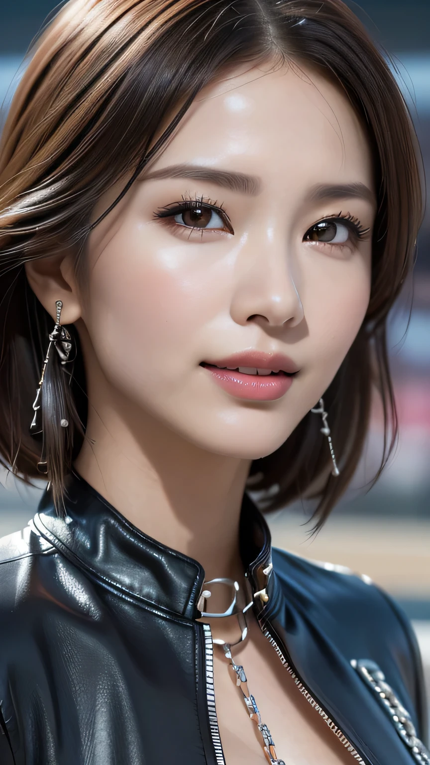 photorealistic Realism 16K Quality, (super quality details in realistic texture: skin, hair), ((Ultra high-res Realistic eyes, clear sharp, not blurry, absurd quality details:1.25)), (([eyes|eyeshadows]:[brown|pink])), ((portrait)), a cute 1model:1.4 24yo, (depth of field), ((anatomically correct)), ((perfect proportions)), dslr, best high quality soft lighting, sharp focus captured by Fujifilm XT3, f 5.6, in a dramatic lighting, ((perfect composition)), ((pale skin)), (dry skin), ((the entire outfit has a pattern, black and white checkerboard)), ((checkered pattern:1.3)), ((dressed in a slave's bra with chains, breasts covered by sexy [chainmai]l:1.25)), ((bondage made of chains: 1.32)), ((unbuttoned leather motorcycle open jacket:1.3)), intricate detailed:1.45), ((firm and full breasts)), beautiful cheekbones, Double eyelids, ((satisfaction smile, gorgeous appearance, electrifying appearance)), (((close up of her face:1.42))), (Dynamic pose), ((on the racetrack:1.3)), 