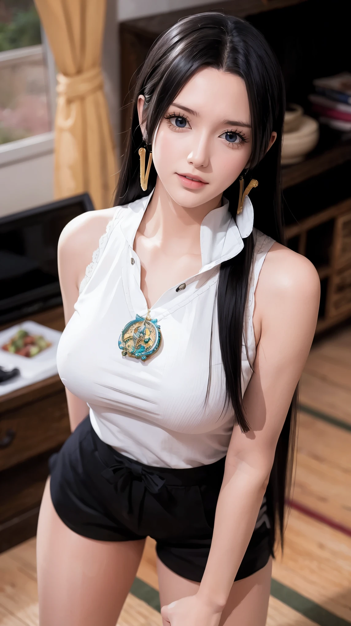 ，Close-up of Miss wearing white mask, Beautiful character painting, Guweiz, Gurwitz-style artwork, White-haired god, author：Yang Jie, Epic and beautiful character art, Stunning character art, author：Fan Qi, by Wuzhun Shifan, pixiv Art Street Guviz, Single ponytail, insult, High Ponytail, Tall and big, Long legs, (sleeveless lace shirt), (shorts), (Striped )), ((Striped )), Walk, elegant, dignified, Miss, Beautiful curves, sweet smile, Strong sense of detail and layering, Farbe丰富绚丽, Has a unique texture, rich and Farbeful, Farbe, vivid, Design Art, 16K, Super detailed, {{illustration}}, {Extremely refined}, {Exquisite surface treatment}, Super detailed, Delicate and shining eyes, {{Light}}, Ultimate light effect, model: Realism, CFG size: 12, Laura: Bright texture (1.35), high quality, masterpiece, Exquisite facial features, Delicate hair depiction, Detailed depiction of the eyes, masterpiece, best quality, Light line tracing, Extremely detailed CG unified 8k wallpaper, masterpiece, best quality, (1 girl), 完美Miss身材, (((tight white t shirt))),  (Delicate face), short black hair, Tie your hair up, Light blue hairpin,  (White skin), (Optimal Lighting), (Super intricate details), 4k unity, (Super detailed CG), Showing off her white legs, , Hot Pants, shorts,