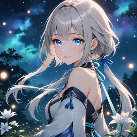 1girl, guizhong_\(genshin_impact\),grey hair,short_hair_with_long_locks in front and low ponytail in back,starry_sky_print,detac...
