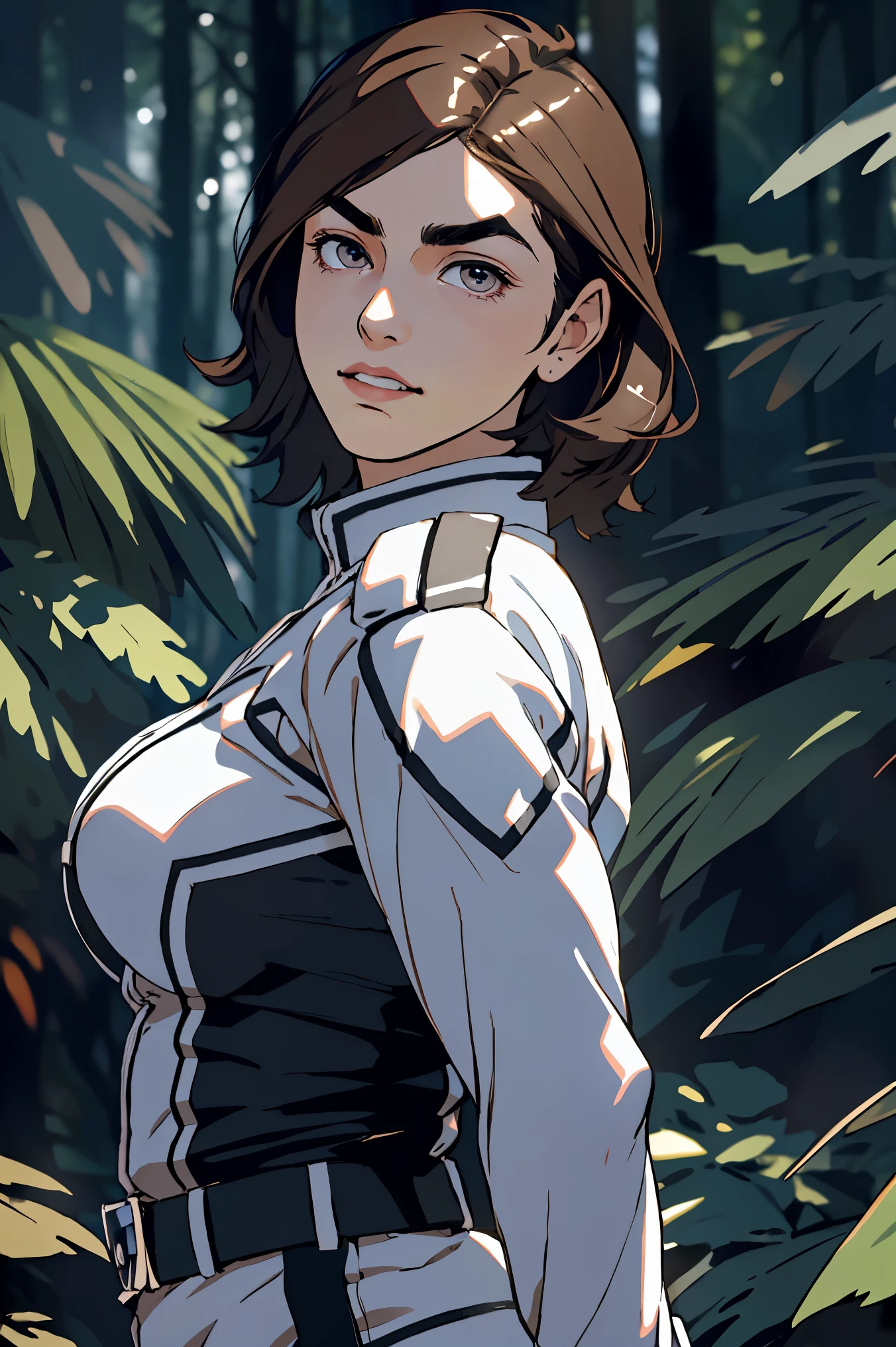 Ultra high quality, high resolution, masterpiece, realistic, photorealistic, (exquisite detail:1.2), (delicate and detailed), (cinematic light), sharp lines, beautiful eyes, beautiful skin, beautiful hair, beautiful eyelashes, Alone, Single girl, Sideways glance, Outdoors, Cowboy shot, Forest, Blue sky, Flowing clouds, Anime style, Anne, Short plump hair with curled ends, Brown hair, Shiny hair, [Soft smile:0.9], Slightly flushed cheeks, (soft smile with lowered eyebrows:1.5), (droopy eyes:1.5), Moist brown eyes, Natural light highlights for the eyes, Beautiful upper eyelashes, Beautiful lower eyelashes, (Thinly trimmed eyebrows:1.5), Glossy thin lips, Ultra Guard uniform, Medium sized breasts that hang naturally, Athletic, [Chubby:0.5], Big butt, Japanese figure, (upper body:1.1), Resolution, Masterpiece, Cinematic lighting, Chiaroscuro, Soft sunlight lighting, Deep shadows, [Backlit:0.6], Deep focus, Sharp focus, Detailed background, Uniform Details, Dramatic shadows, Finely detailed, Dramatic angles, Hyper detail,