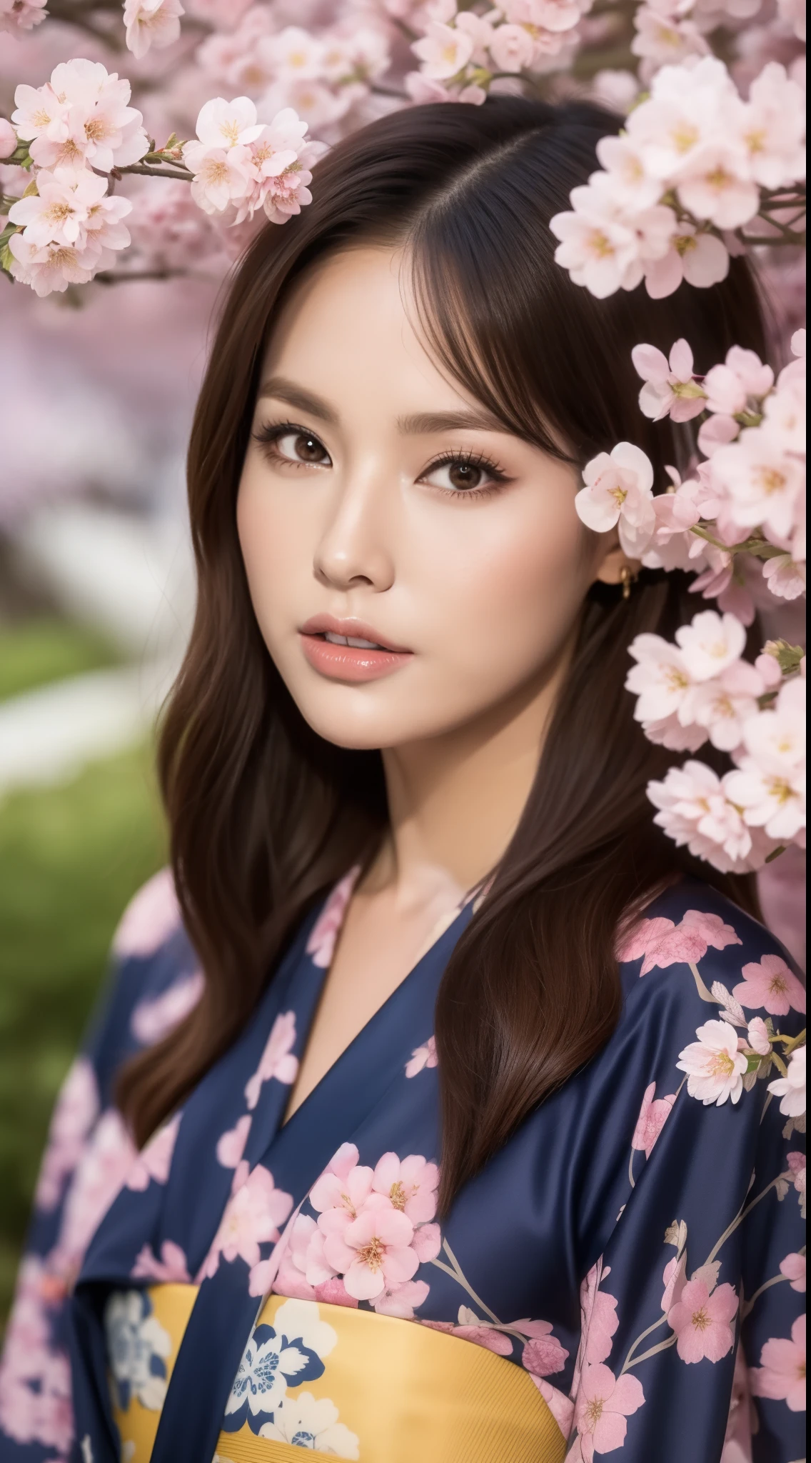 （Kimono made of cherry blossoms，lots of roses），Contemporary art，Complex design，top-quality，8K，tmasterpiece：1.3，Clear focus：1.2，Beautiful Women in Perfect Figure：1.4，Highly Detailed Face and Skin Textur，Detailed eyes，cparted lips，Long legs，fully body photo，