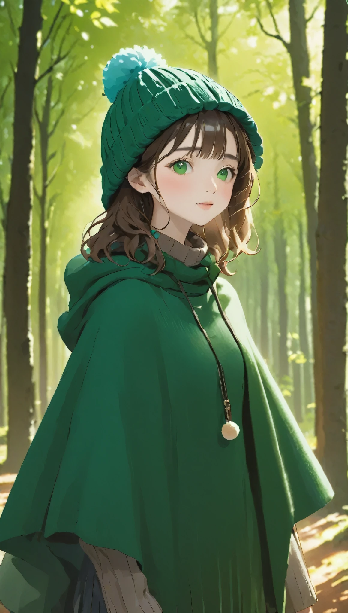 highest quality、High resolution、Masterpiece)、、One Girl、(((Pom pom knit hat、Dark green poncho:1.2)))、Backpack、The background is blurred、Blurred Background、Dark Forest、Deep woods、walk、highest quality、超High resolution、Very detailed、８ｋ、