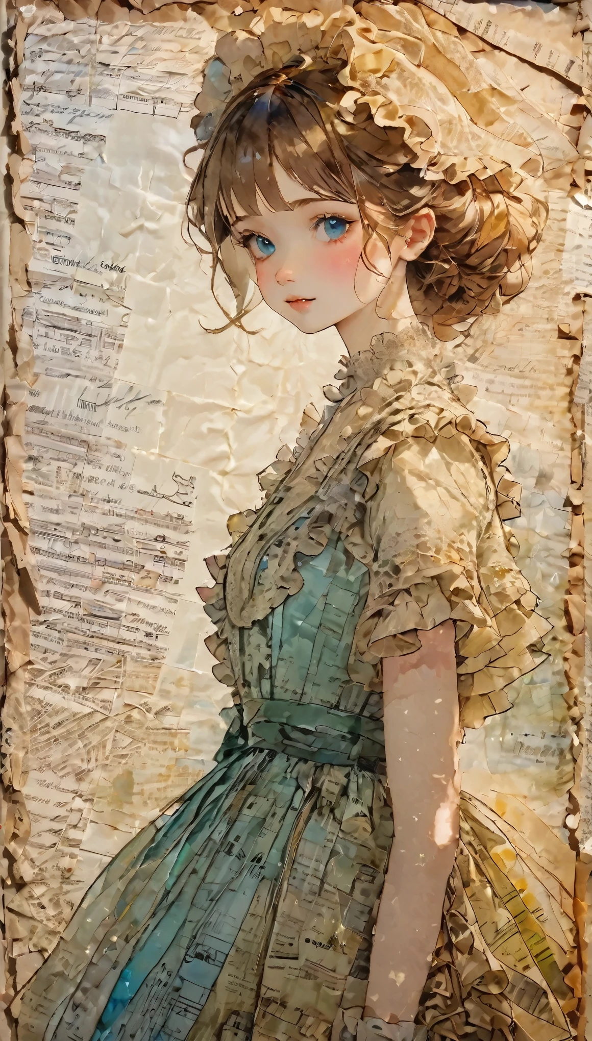 Peinture à l&#39;encre d&#39;alcool super détaillée d&#39;une fille magnifique, Un chef-d&#39;œuvre multimédia sans stress réalisé sur un patchwork de papier script vintage., Éphémère, Carton déchiré, journal vintage, Partitions vintage, scellé, Une robe faite de volants en papier et de dentelle délicate grandeur nature, à la manière de [Journal indésirable, double exposition, Même taille que le corps, ], Cinématique, Incroyable, très détaillé, 8k, La brume s&#39;est dissipée