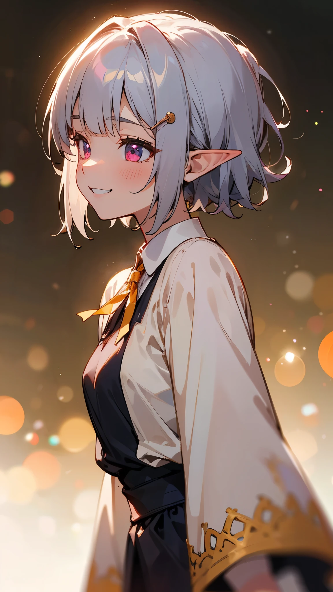 1 girl、8k、Sharp focus、(Bokeh) (highest quality) (Detailed skin:1.3) (Intricate details) (anime)、Small breasts、Angelic Face, Goblins, Elf ear hair, Silver hair and short bob hairstyle、Tie your hair up with a hair clip、Glowing pink round eyes, cute, Yellow peasant tunic, Medieval, Medieval city background, Bust from the neck up, Grin、From the side